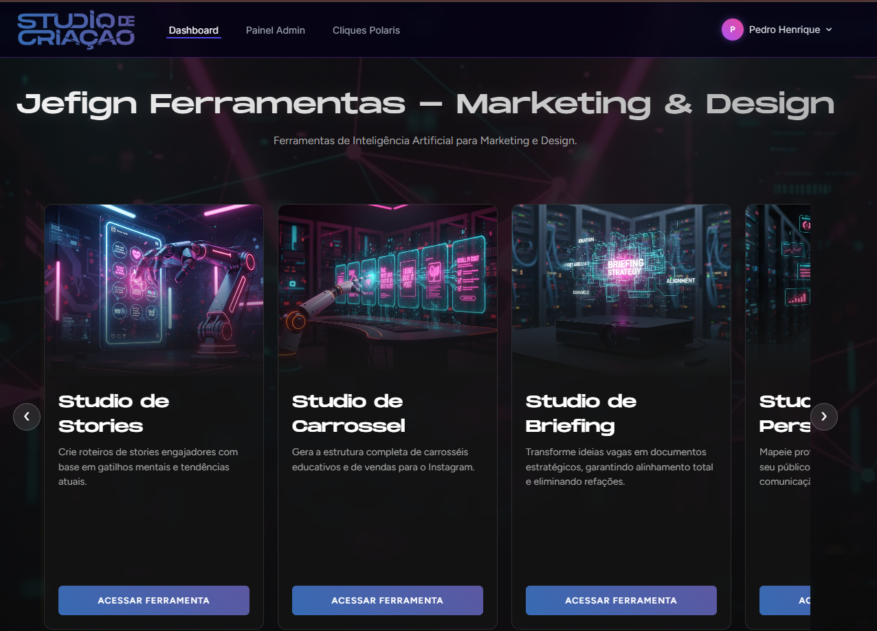 Interface do Jefign Studio, sistema de geração de conteúdo para marketing.