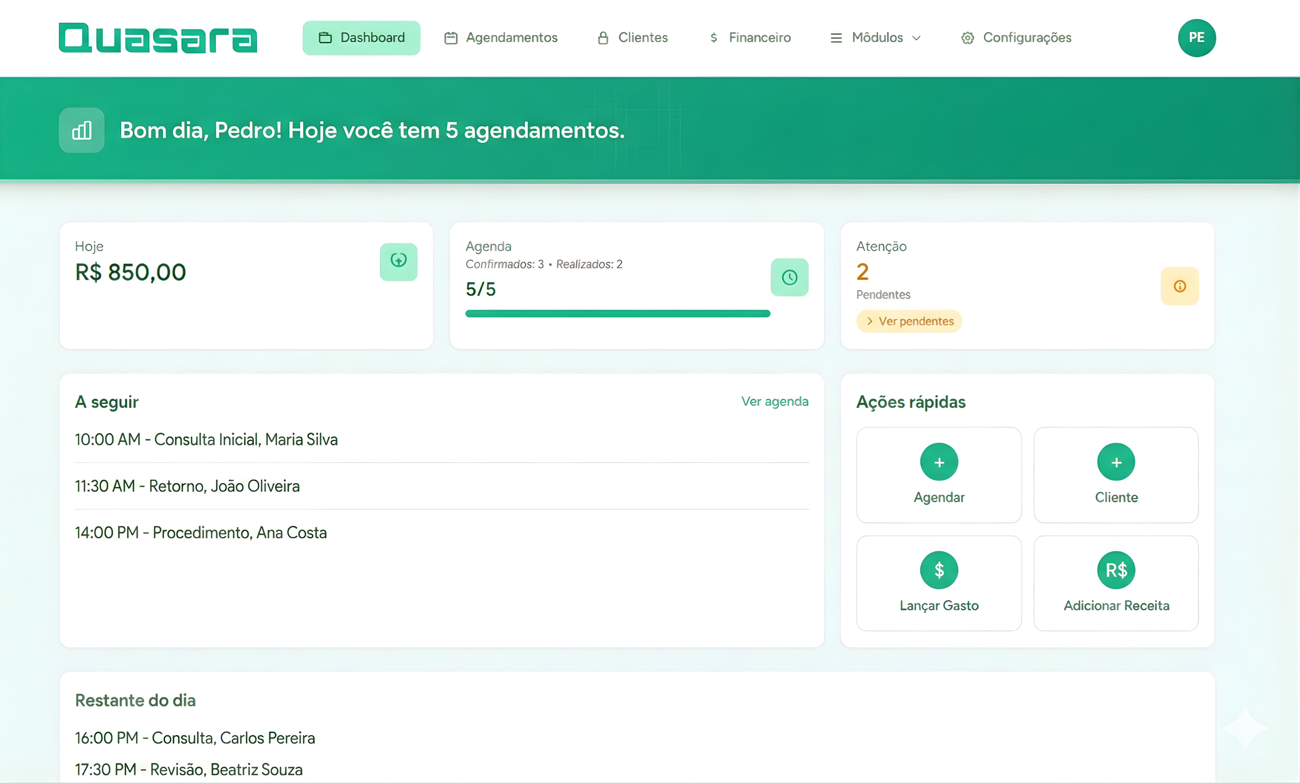 Interface do Quasara, sistema de agendamentos online.